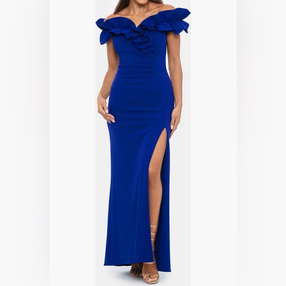 New Xscape Ruffled Off The Shoulder Rouched Gown